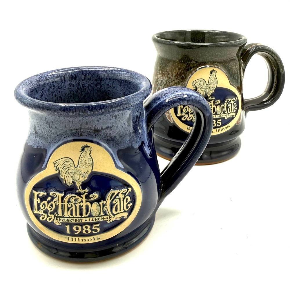 Deneen Pottery Egg Harbor Cafe Mugs Set 2 Blue Brown Stoneware Handthrown Exc